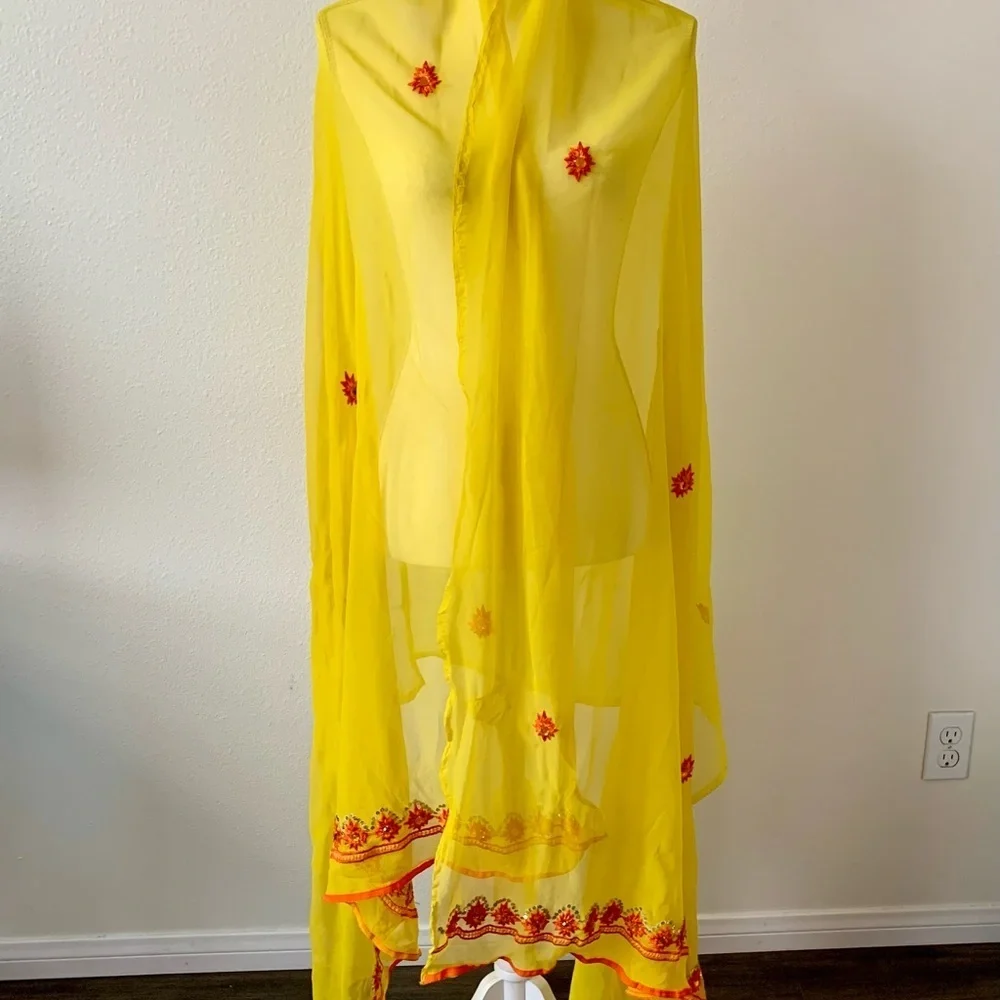 Yellow Sheer Scarf with Red Floral Accents 40/82 inches